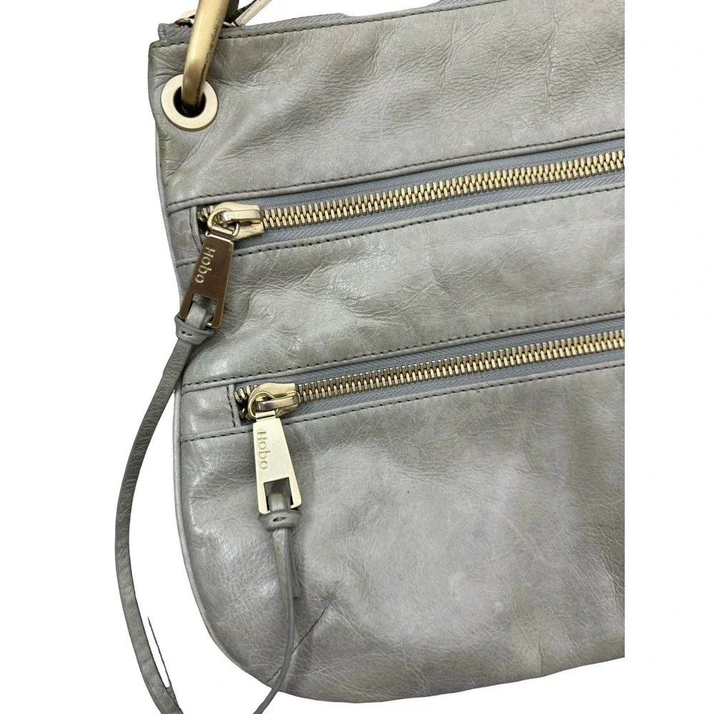 Hobo International Light Gray Smooth Leather Triple Zip Shoulder Bag Crossbody